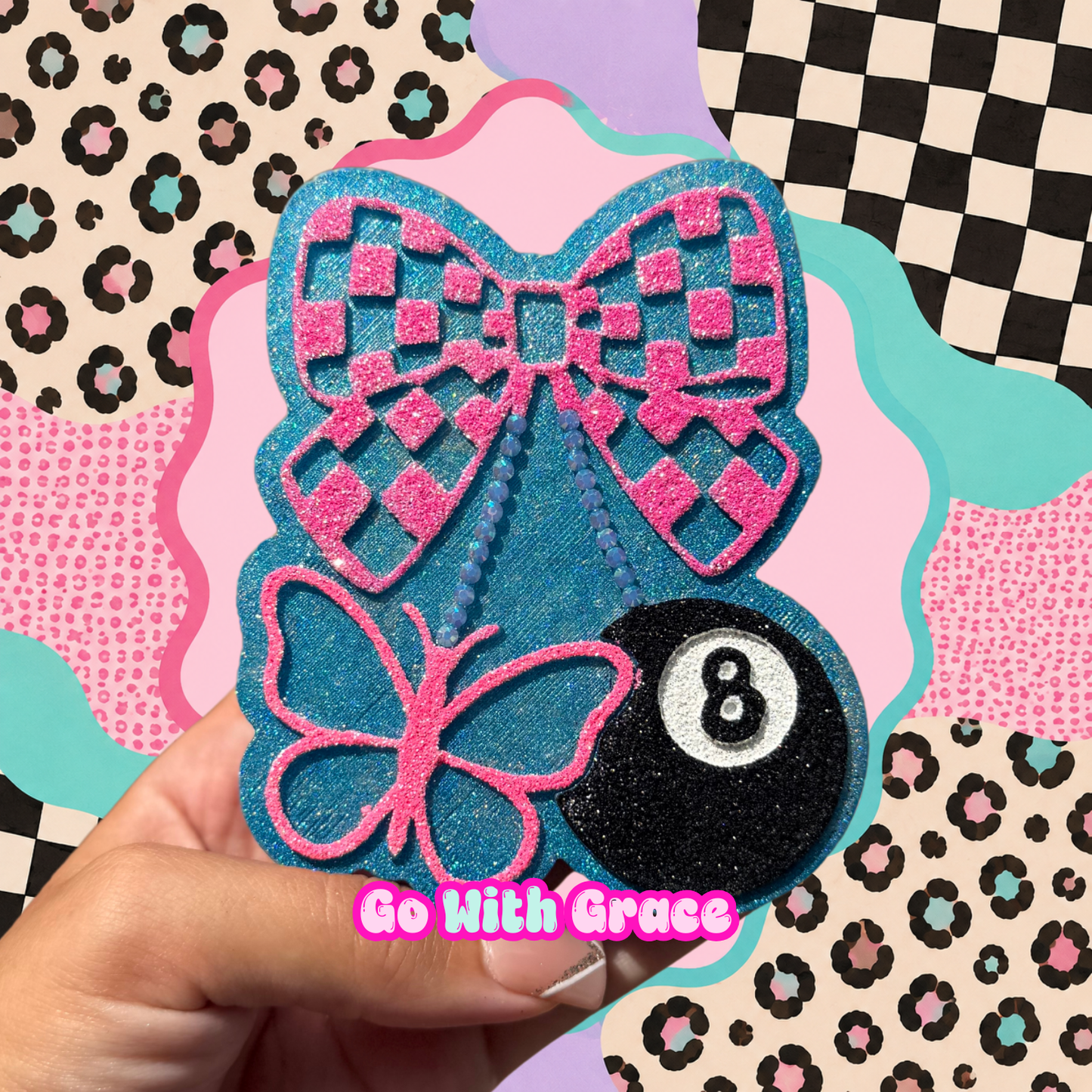 Rhinestoned Y2K Checkered Bow Cherries Freshie | Scent: Obsidian